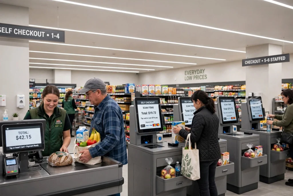 Modern hypermarket with bright and uniform commercial lighting