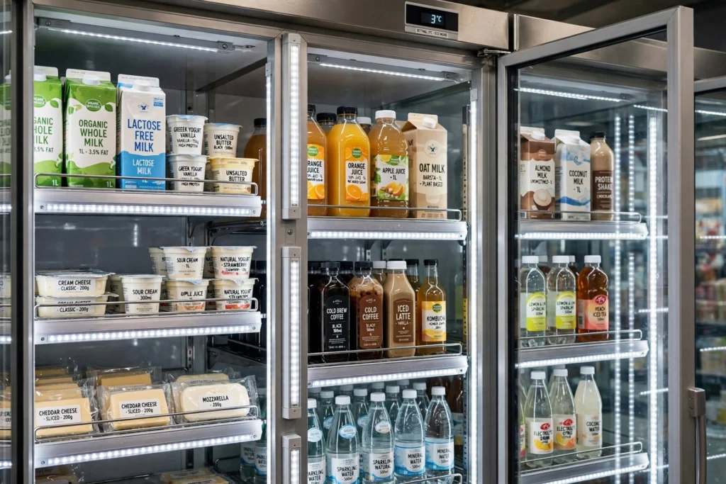 Supermarket shelves illuminated with linear LED lights