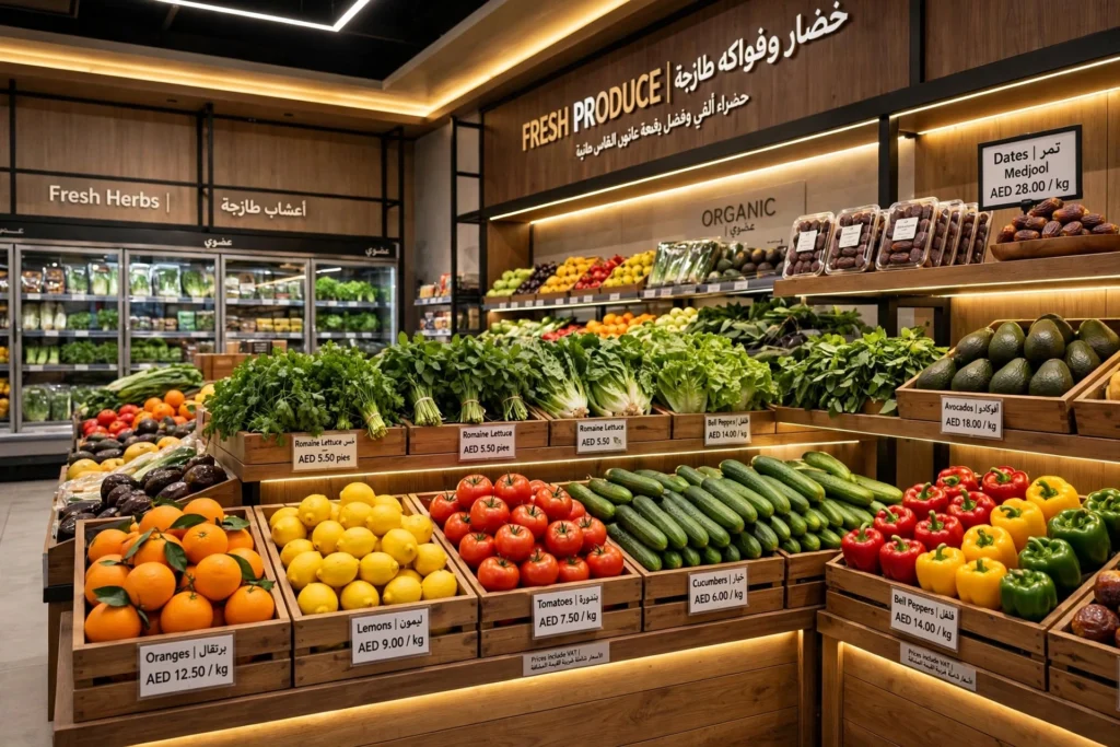 Modern supermarket interior with energy efficient LED lighting