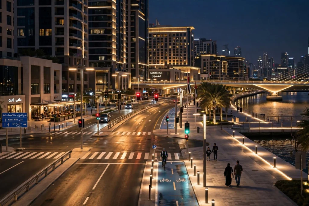 Modern LED street lighting installed on a UAE public road