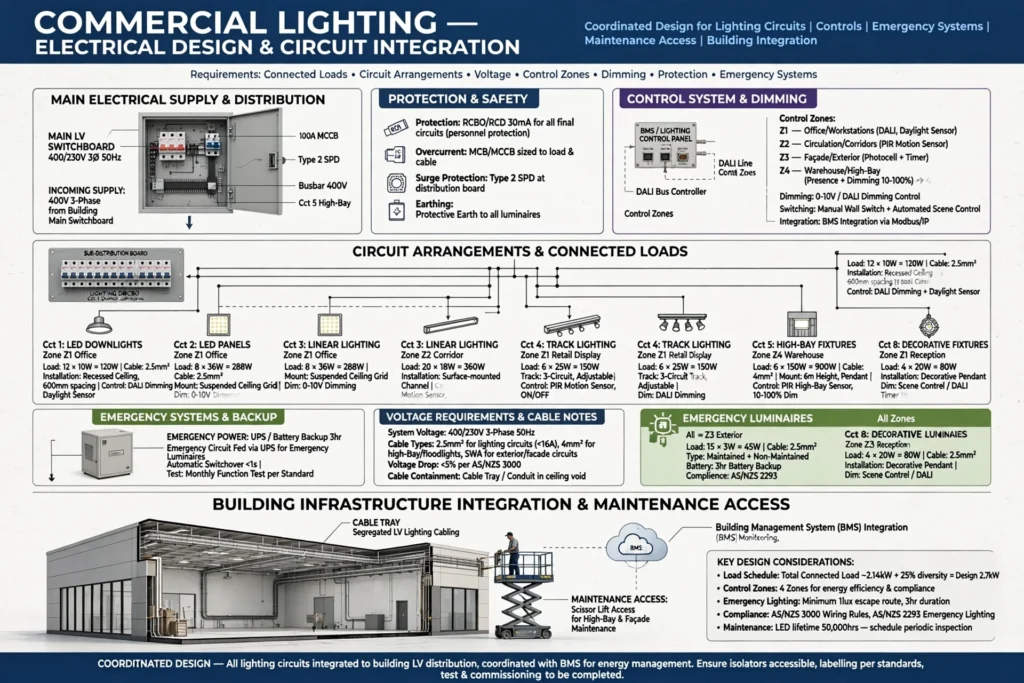 MEP coordination drawing showing commercial lighting fixtures