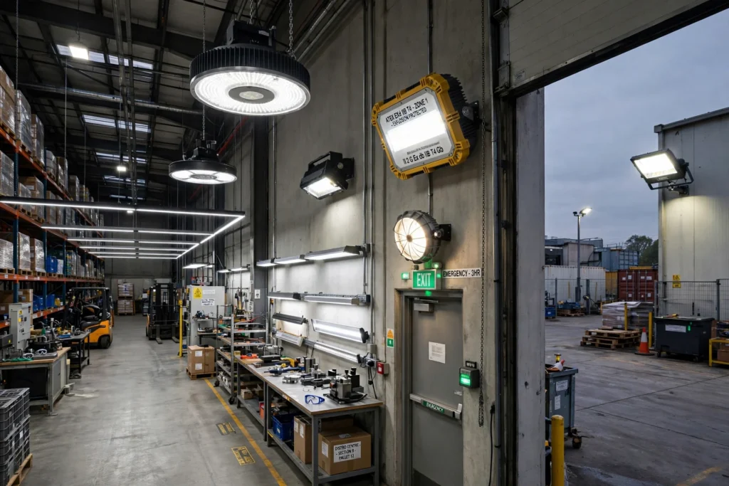 Industrial LED lights illuminating a warehouse in Ras Al Khaimah