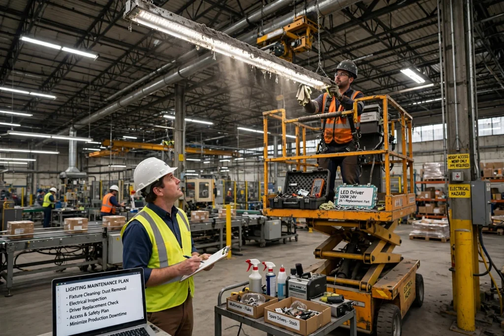 High ceiling warehouse with industrial LED luminaires