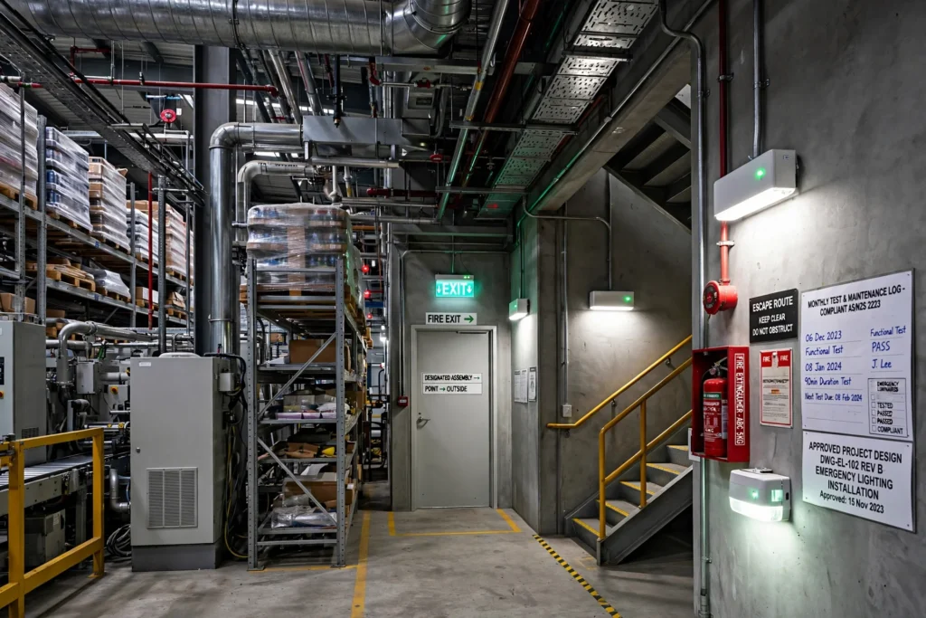 LED lighting installed above industrial storage racks
