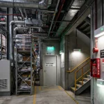 LED lighting installed above industrial storage racks