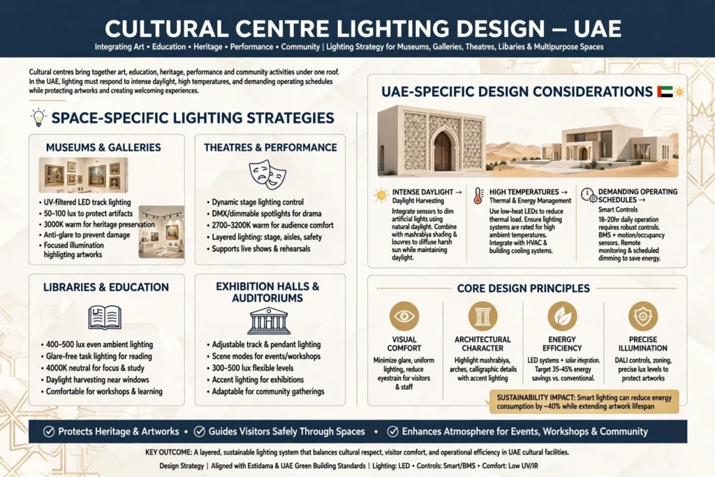 Cultural centre lighting design with modern LED fixtures