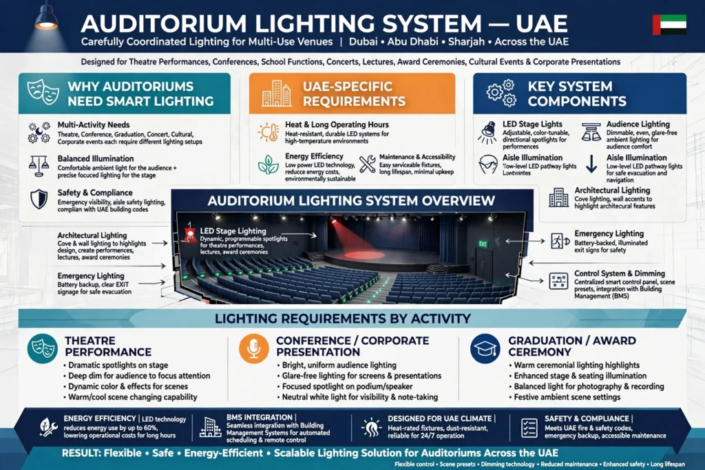 Modern auditorium with professional LED lighting