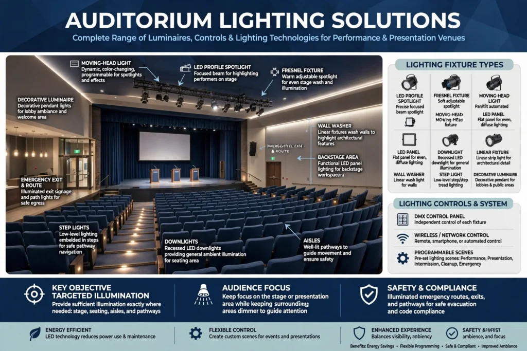 Stage illuminated with professional auditorium lighting