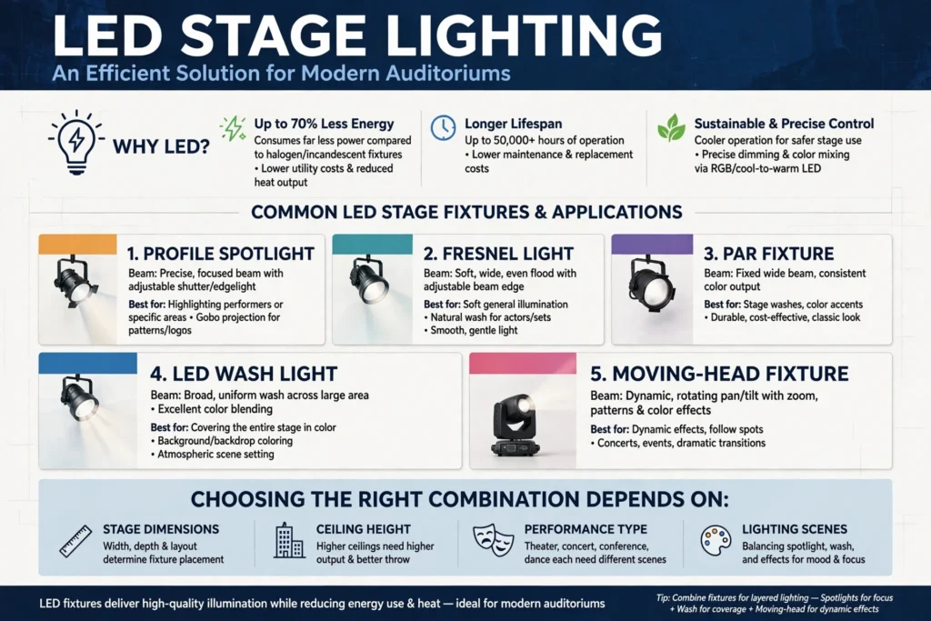 Modern LED stage lights illuminating an auditorium