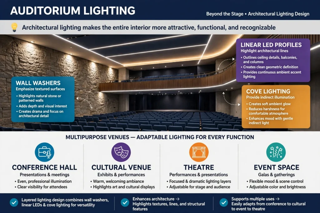 LED profile spotlights illuminating an auditorium stage