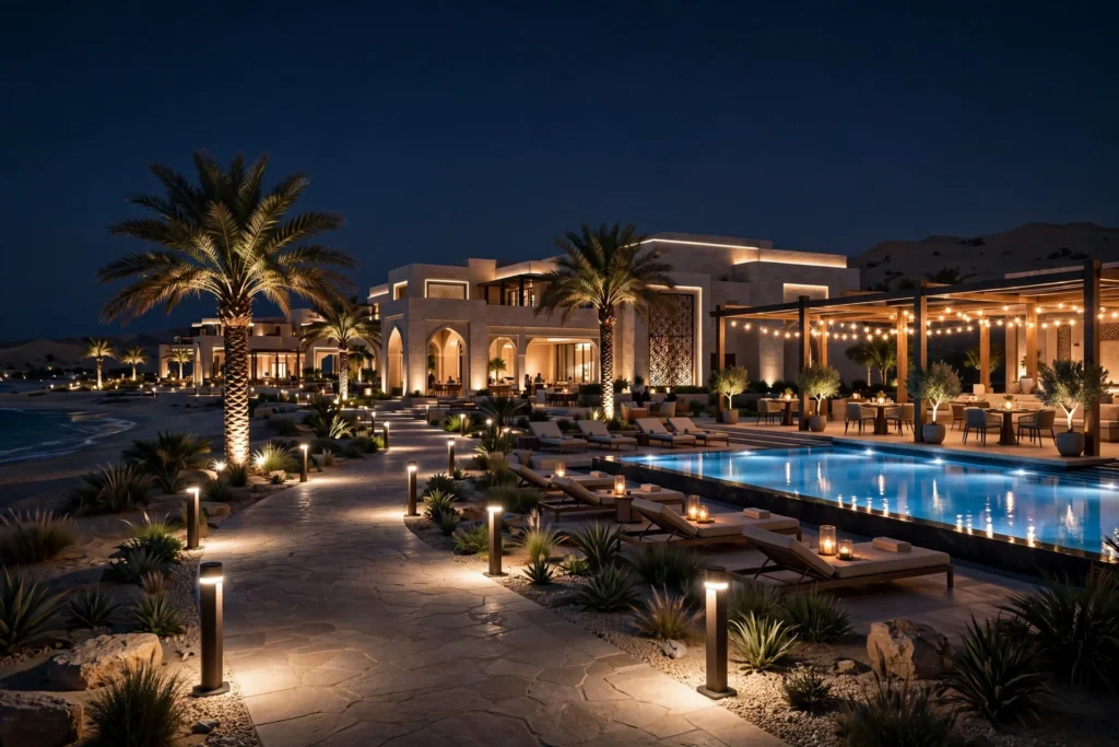 Resort landscape LED lighting illuminating a luxury hotel garden at night
