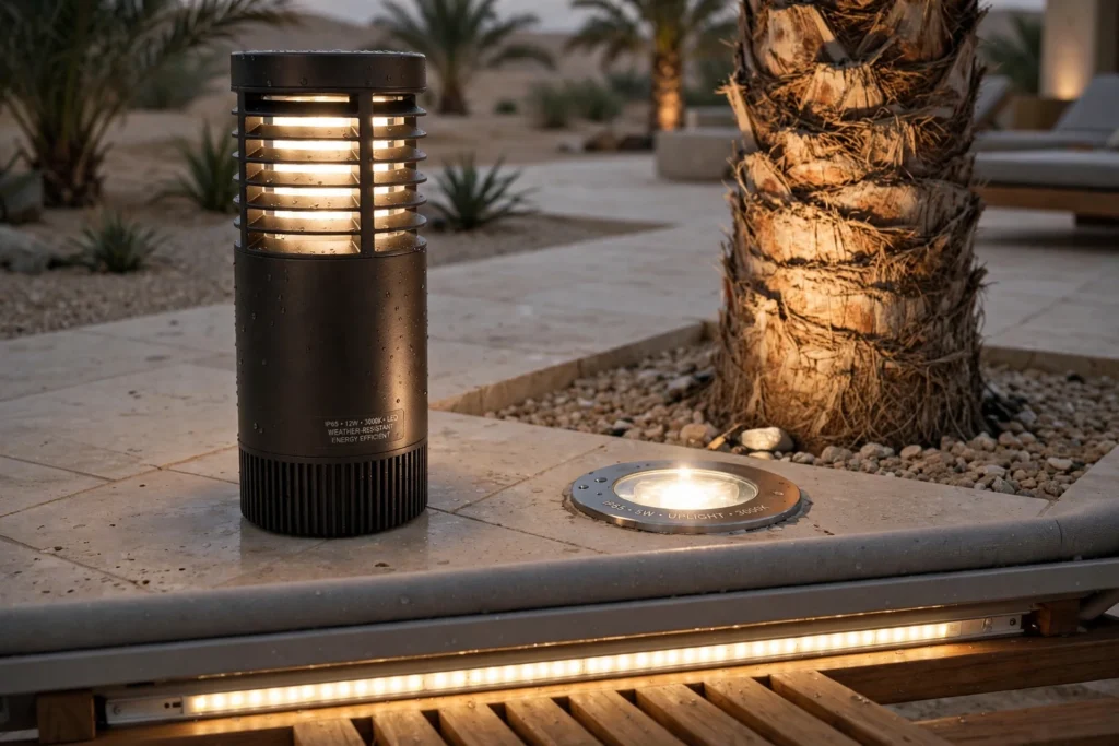 Warm white LED lights illuminating a landscaped resort garden