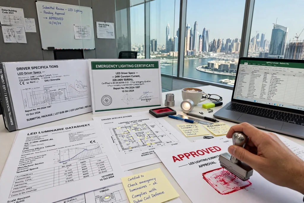 MEP consultant reviewing LED lighting submittal documents for a commercial construction project in Dubai