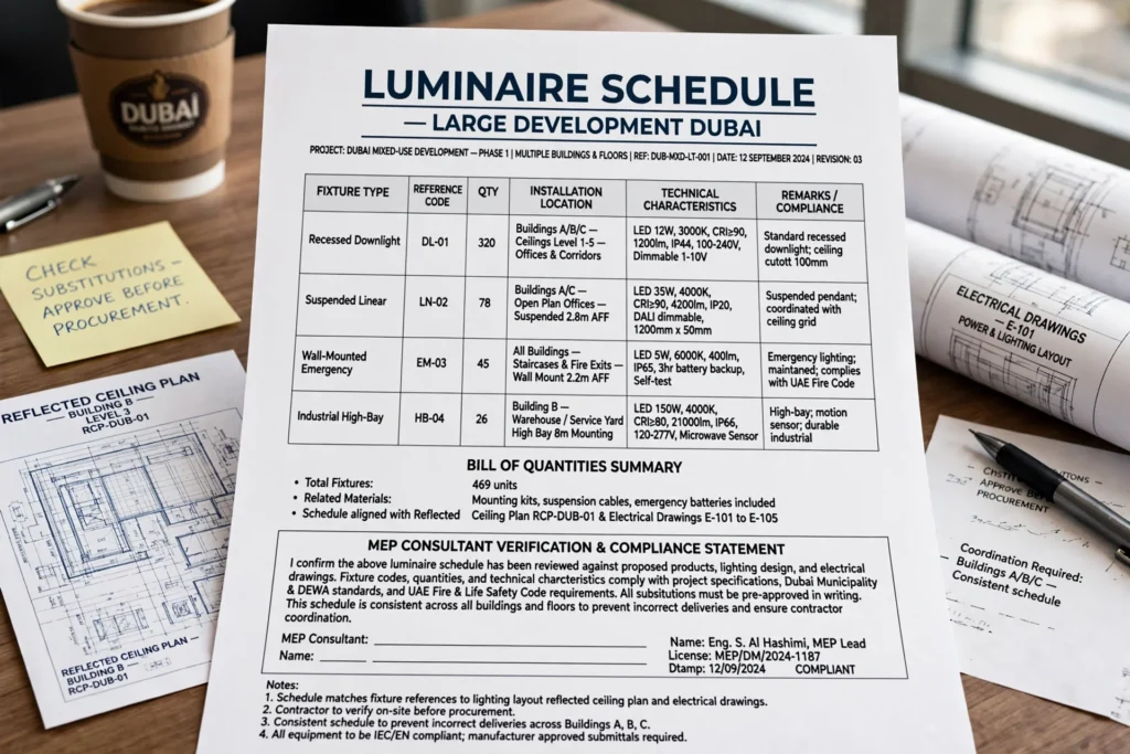 MEP consultant checking LED lighting product specifications before project approval