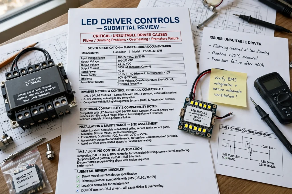 LED lighting fixture schedule showing luminaire codes, quantities and technical specifications
