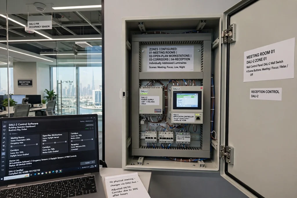 DALI-2 digital lighting control system for a commercial building