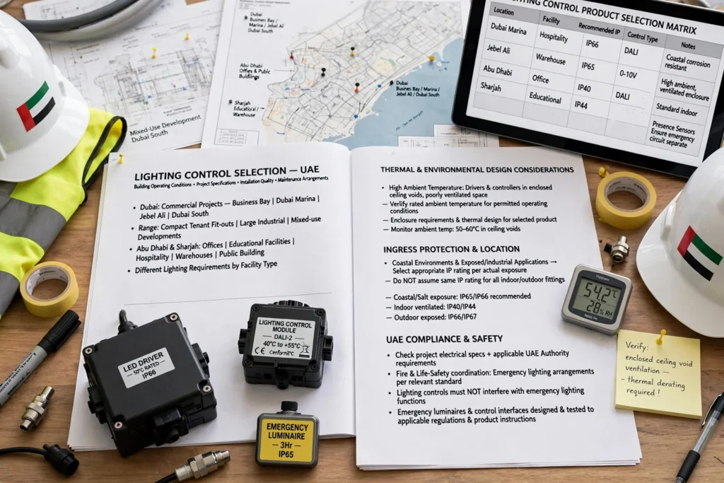 Lighting control architecture showing LED drivers, sensors, controllers, and luminaires
