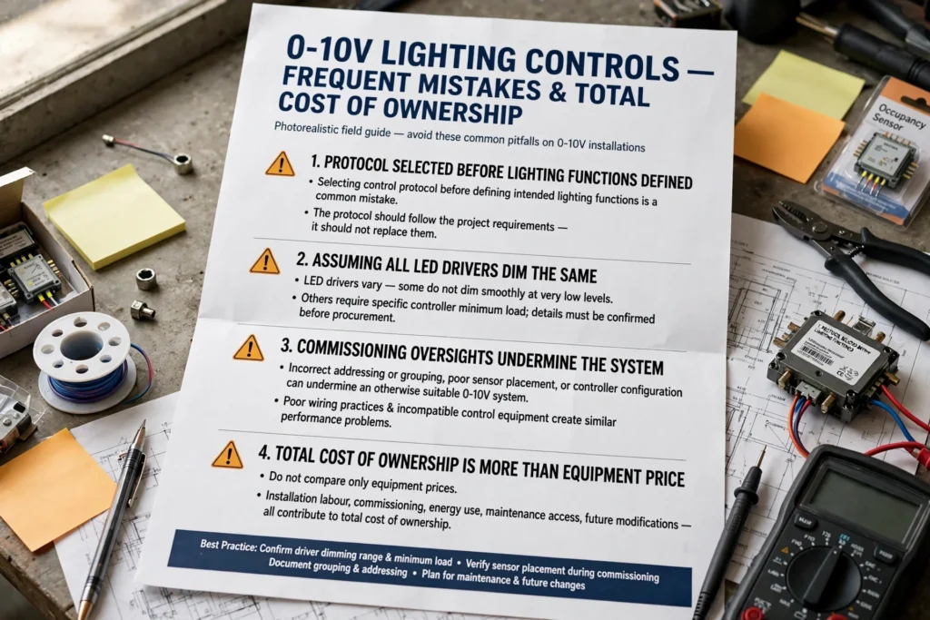 Low-voltage control wiring between a 0–10V dimmer and compatible LED drivers