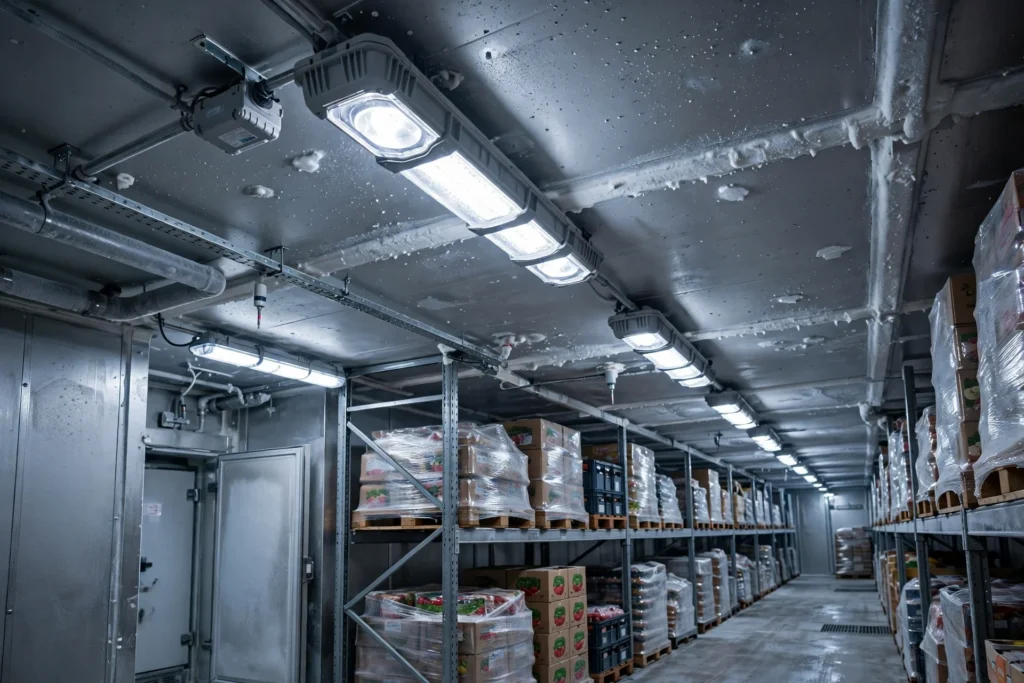 Low-temperature LED lights installed inside a commercial freezer room