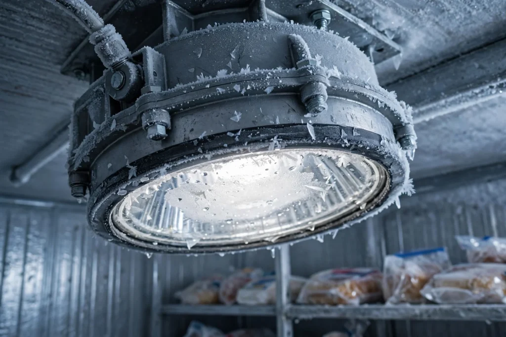 Sealed LED fixtures providing bright illumination in a refrigerated storage room