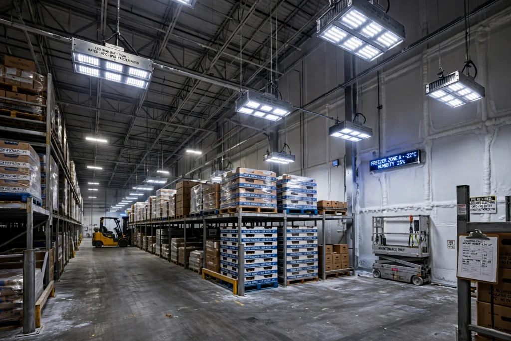 Industrial LED lighting system installed in a large cold storage facility