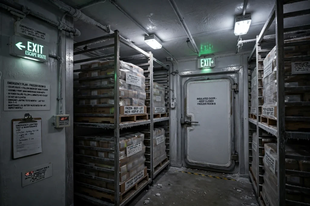 LED warehouse lights illuminating frozen goods stored on industrial pallet racks