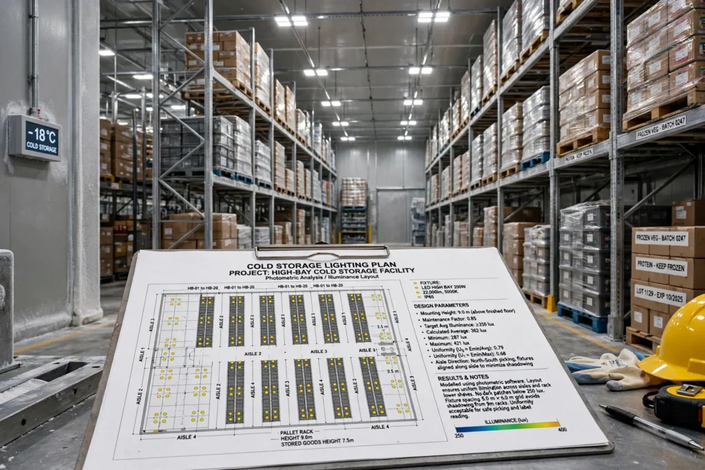 Industrial LED high-bay lights illuminating tall pallet racks in a freezer warehouse