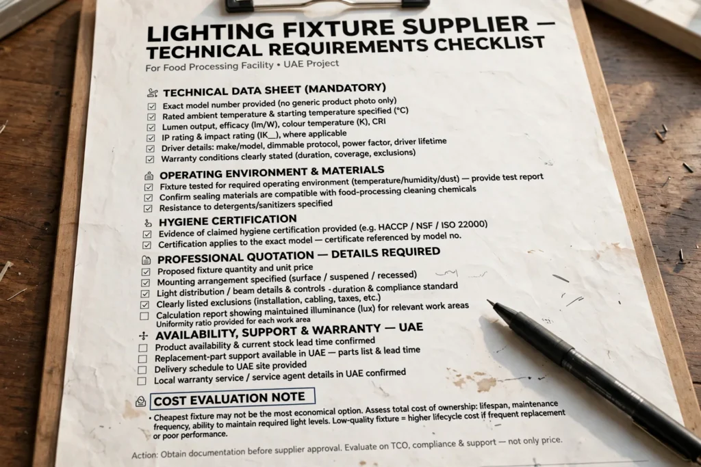 Sealed LED fixtures illuminating a refrigerated storage facility in the UAE