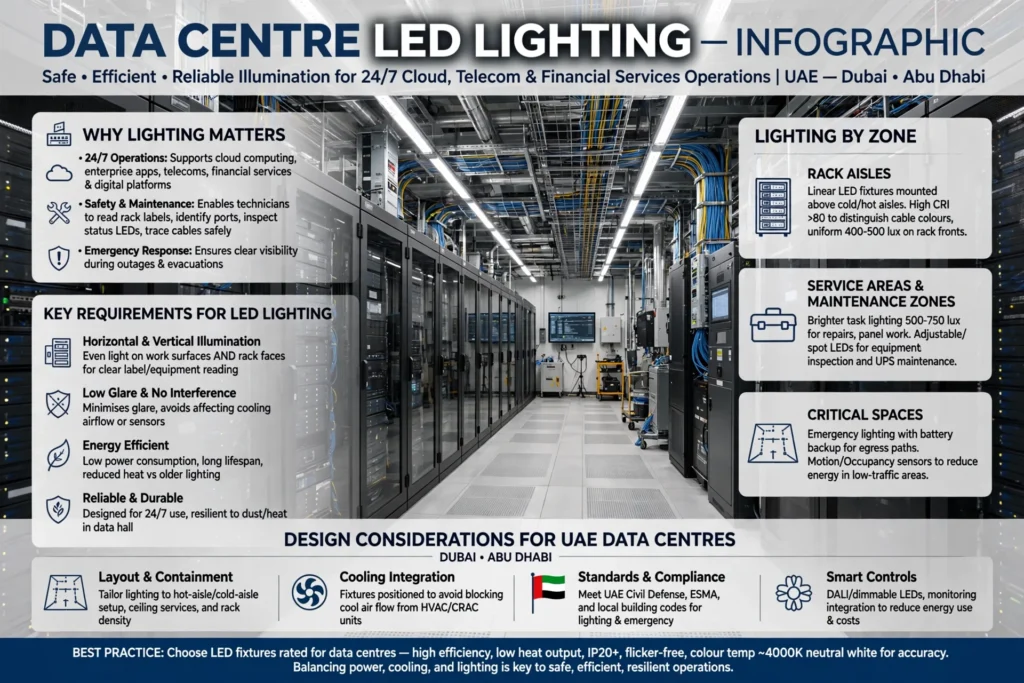 LED lighting fixtures illuminating server racks inside a modern data centre