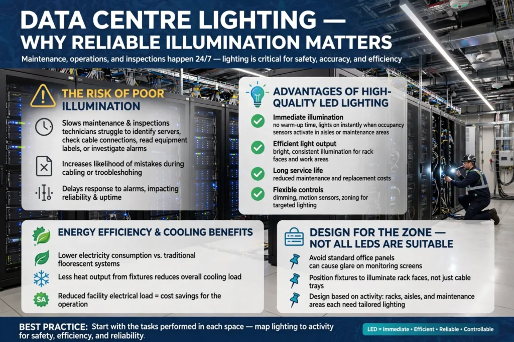 Energy-efficient LED luminaires installed in a data centre server room