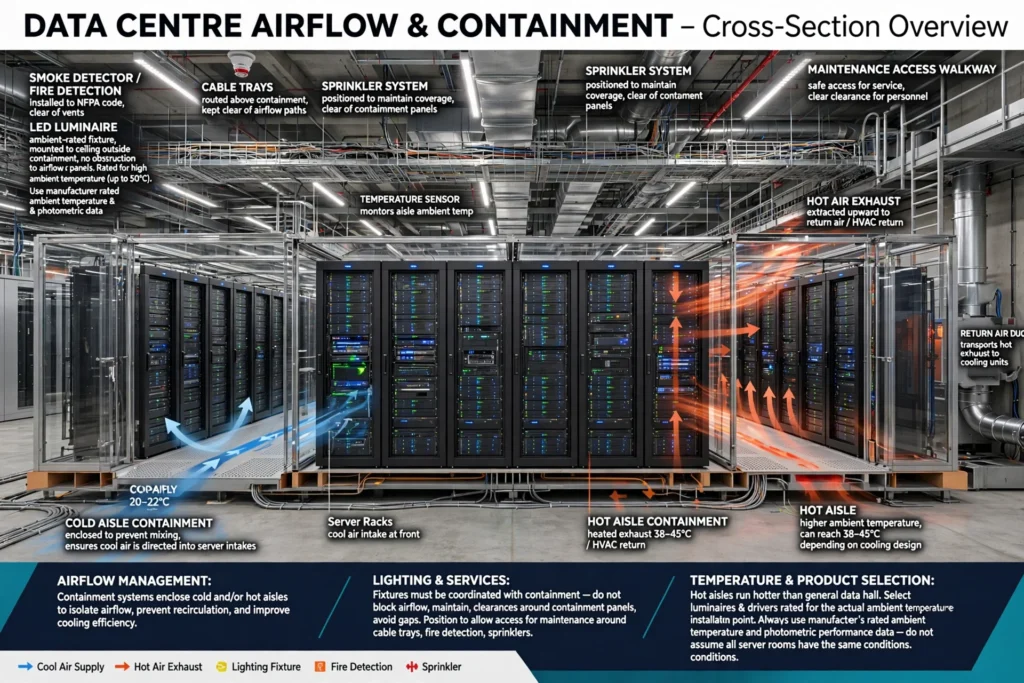 LED ceiling lights providing illumination between rows of server cabinets