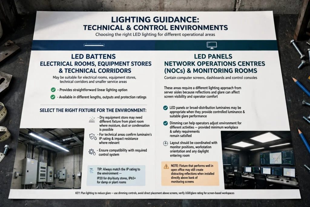 LED fixtures illuminating server rack fronts for equipment inspection and maintenance