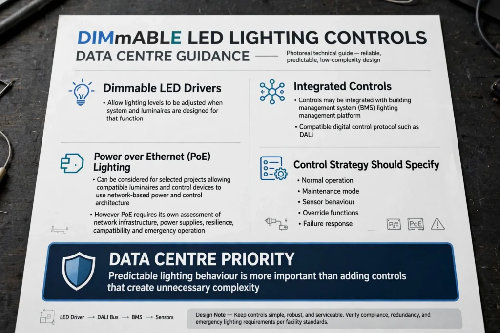LED lighting installed above server cabinets in a hot aisle containment area