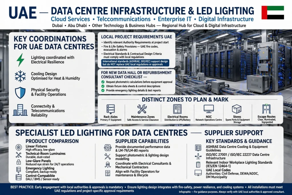 LED fixtures illuminating densely arranged server racks in a high-density data centre