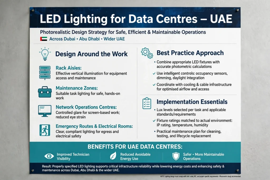 Industrial LED luminaires installed in a technical data centre environment